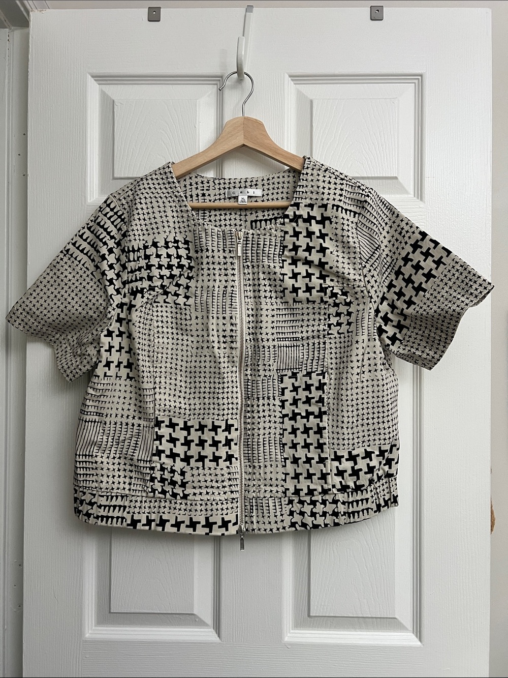 CAbi Patterned Short-Sleeve Zip Front Jacket